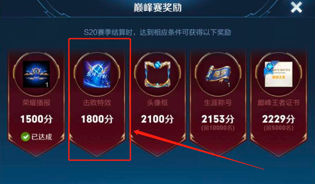 王者荣耀巅峰赛掉下1800还有击败特效吗