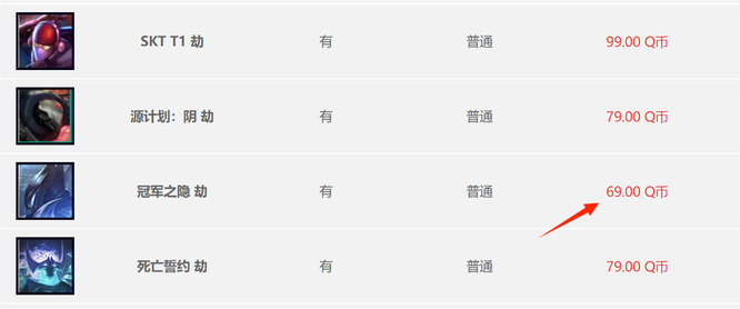 英雄联盟冠军劫皮肤多少钱