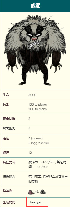 饥荒熊獾代码是多少