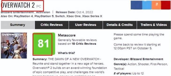 守望先锋2评分怎么样